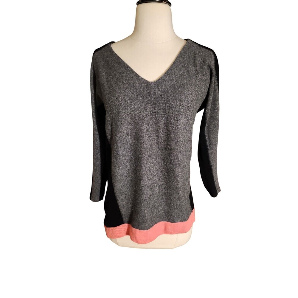 Aqua Cashmere V-neck Sweater Womens S Pullover Colorblock Gray Office Stretchy